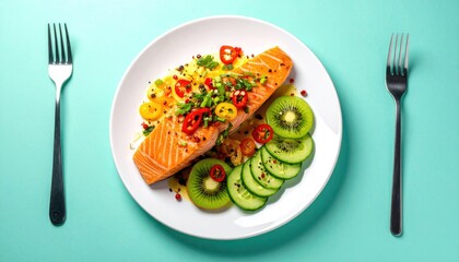 Gourmet Salmon Fillet With Sliced Kiwi And Cucumber Garnished With Red Chili Peppers And Green Onions Served On A White Plate With Two Forks And Blue Background