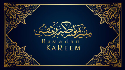 Elegant Arabic calligraphy &ldquo;Ramadan Kareem&rdquo; in gold foil on deep navy, ornamental corners, Ramadan, calligraphy, gold, luxury, greeting, card, premium, typography, with copy space