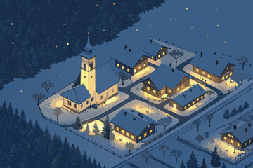 Aerial view of snowy village lights glowing at night.