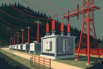 High voltage transformer yard near a dam, illustrating industrial infrastructure.