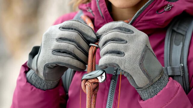 Person zipping purple jacket with gloves in outdoor winter setting