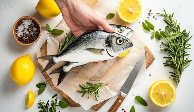 Overhead flat lay food photography, two fresh raw dorado fish on wooden cutting board with parchment paper, kitchen knife beside fish, light beige stone or marble textured background, fresh rosemary