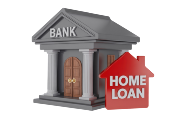 3D render of a classical bank building next to a red house icon with 'HOME LOAN' text, symbolizing mortgage services. background removed