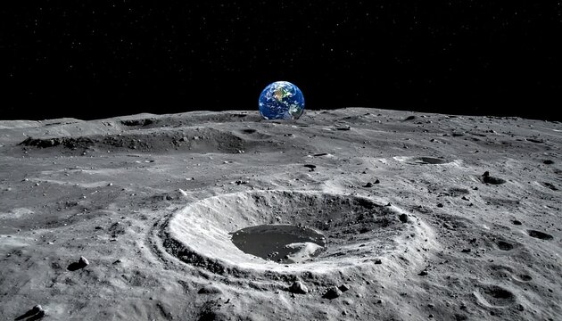 Cratered lunar surface, Earth on the horizon, starry background. Horizon glow