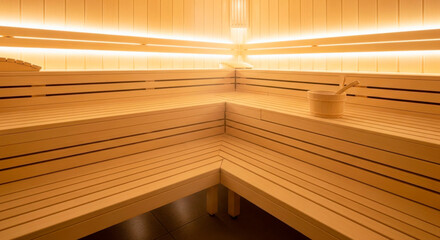 Modern sauna interior with wooden benches and warm lighting  