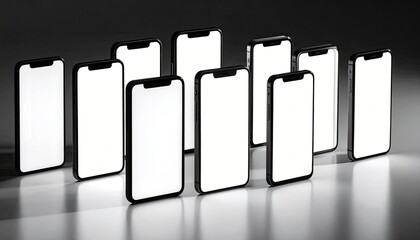 A Group Of Modern Smartphones Displaying Blank White Screens Arranged On A Reflective Surface Under Studio Lighting