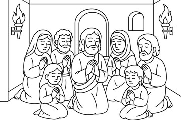 Line art religious group praying in sacred place with family