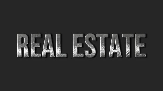 Real estate text animation silver metallic effect on dark background. Suitable for intro title, ads, and business property promotion