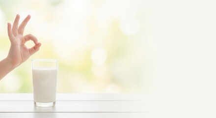 A hand showing a sign of agreement next to a glass of milk on the table, a copy space on the right  