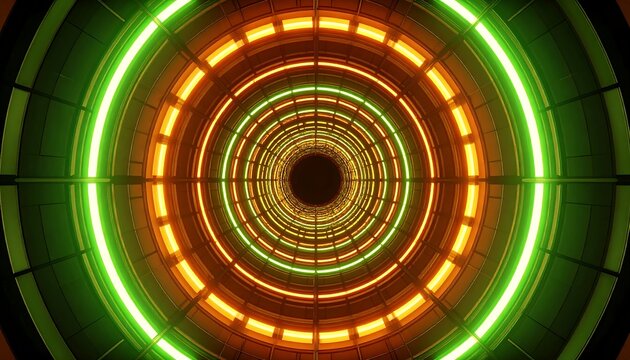 Concentric circles create a glowing tunnel with green and orange neon lights, drawing the eye to a dark vanishing point