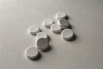  White round tablets scattered on light surface