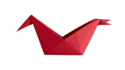 A beautifully folded red origami paper crane, symbolizing peace and good fortune, against a clean, solid transparent background. background removed