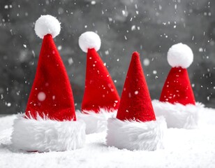 Four red conical hats with fluffy white trim and falling snowflakes