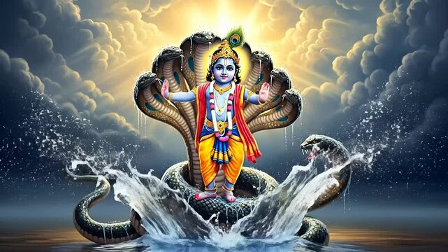 Divine Bal Gopal Lord Krishna Dancing on Kaliya Nag, Symbolizing Victory and Spiritual Power with Serpentine Deities