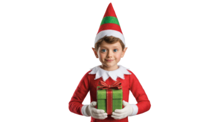 A young child, dressed as a Christmas elf in a red and green outfit, smiling and holding a festive green gift box. background removed