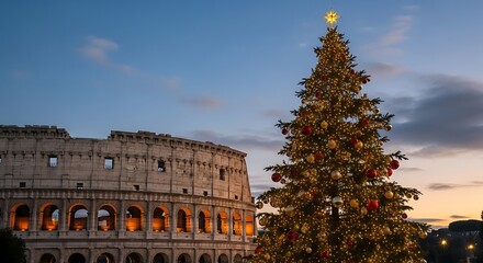 Obraz premium Christmas Tree in front of the Colosseum in Rome at Dusk.