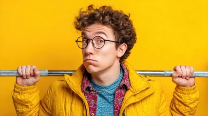 A young man with curly hair, glasses and a barbell, looking slightly annoyed on yellow background