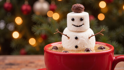 Cheerful snowman marshmallow atop hot cocoa in red mug with festive Christmas tree background