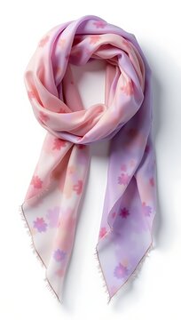 A delicate silk scarf with faded floral patterns and slightly frayed edges, spread on a clean white surface, symbolizing elegance and passage of time.
