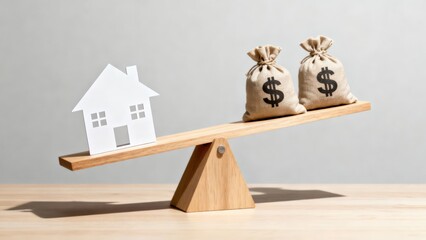 Home loan / reverse mortgage or transforming assets into cash concept : A paper house balanced with money bags symbolizes real estate value and investment.