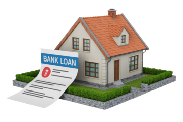 A 3D rendering of a residential house beside a large 'BANK LOAN' document, symbolizing home financing and mortgage applications. background removed