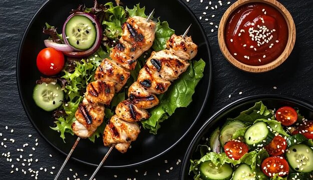 Grilled chicken or meat skewers on metal skewers arranged on black round plate, small black bowl with red sauce or ketchup, fresh vegetable salad in black bowl bottom right with lettuce, cucumber sl