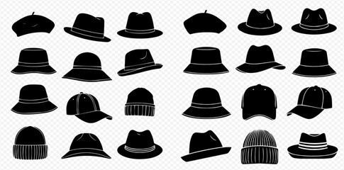 Collection of various hat silhouettes including fedoras, berets, bucket hats, and beanies.