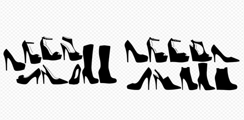 Silhouettes of various women's footwear including high heels, platform shoes, wedges, and boots in a diverse collection.
