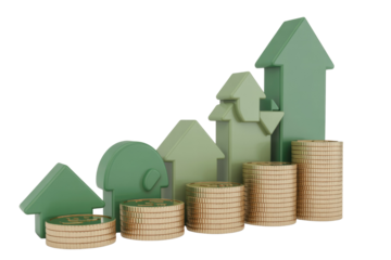 A vibrant 3D rendering of green upward arrows and stacked gold coins illustrating financial growth, increasing investments, and business success. background removed
