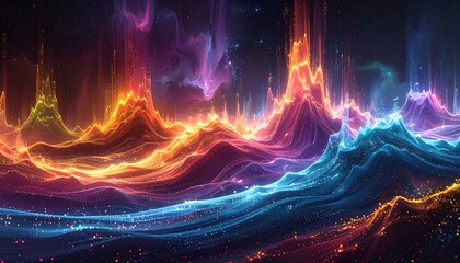 Colorful abstract mountain landscape; flowing waves in blue, orange, pink, and purple with twinkling stardust