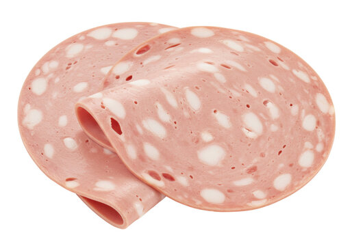Isolated slices of mortadella, Italian cured meat, Bologna sausage close-up food, delicious
