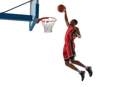 Male basketball player in red uniform mid-air, preparing to dunk the ball into the hoop. background removed