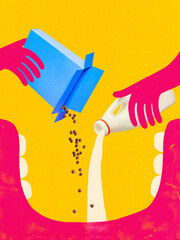 Creative digital artwork. Pink hands pouring cereal and milk into open mouth on yellow background....