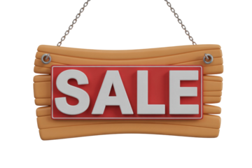 A 3D rendered wooden sign featuring 'SALE' in white letters on a red rectangle, suspended by silver chains. Ideal for promotions, discounts, and advertising. background removed