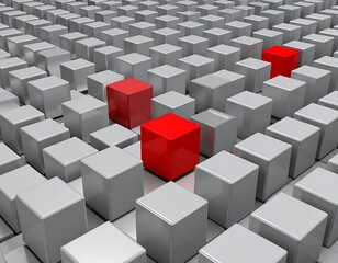 Isometric view of a grid of grey blocks with a few red standouts