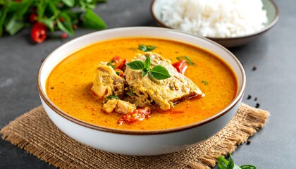 Creamy orange soup with chunks of meat and red peppers in a white bowl next to rice and herbs on a burlap square