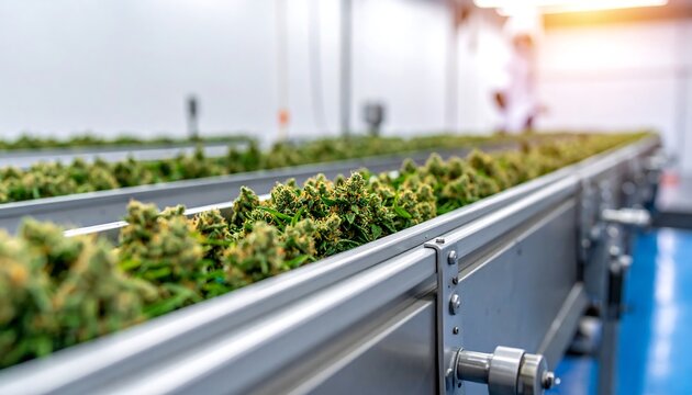 Conveyor line carrying green buds in clean, bright indoor facility with a person working in the blurred background