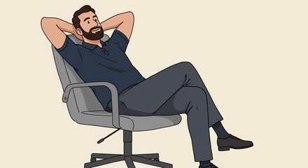 Contented professional man taking a serene and well-deserved break, comfortably leaning back in his office chair with a relaxed posture, embodying success and peace