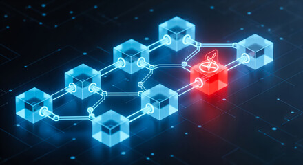 Blockchain network security error with invalid transaction in red block. Digital technology vulnerability, cybersecurity risk and failed data verification in decentralized system concept