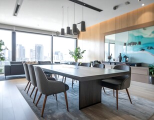 Fototapeta premium Modern office meeting room with large windows and cityscape view