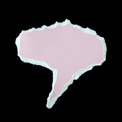 Isolated piece light pink cardboard paper torn into shape speech bubble. Edges rough and distressed showcasing white paper layer underneath pink giving tactile handmade on black background