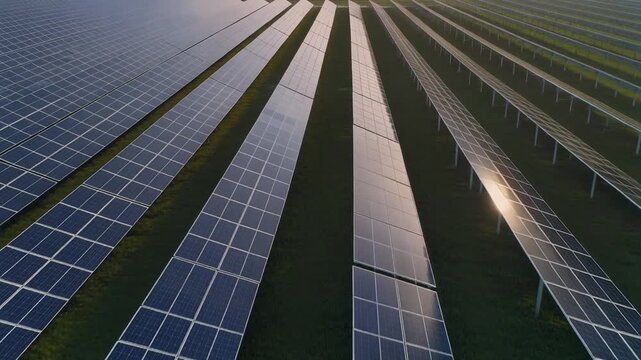 Aerial view of renewable energy solar panel farm during sunset tracking shot