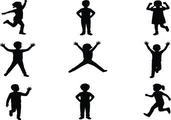 Child silhouette, playful pose, black graphic, vector illustration, jumping gesture, running stance, standing figure, energetic movement, youth icon, activityChild silhouette, playful pose, 