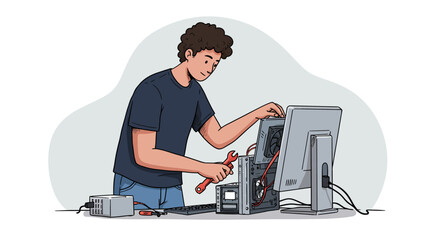 Man fixing computer hardware with a wrench, illustrating technical support and computer repair services