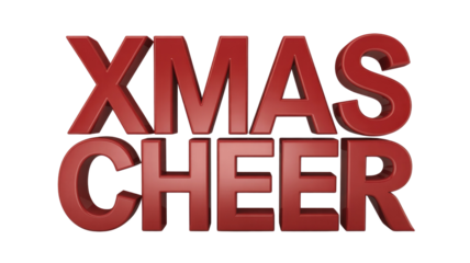 Bold, glossy red 3D lettering spells "XMAS CHEER" on a solid transparent background, conveying festive holiday spirit. background removed