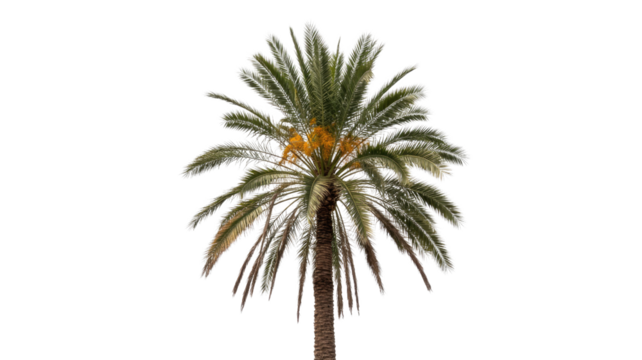 A beautiful, isolated palm tree with green fronds and golden fruit clusters, perfect for tropical designs and beach themes. background removed