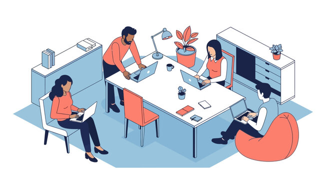 Diverse team collaborates efficiently on laptops in a modern, bright office space, fostering innovation and productivity.