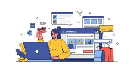 Joyful woman confidently shops online using laptop and credit card, surrounded by digital interfaces and shopping bags, representing e-commerce convenience.