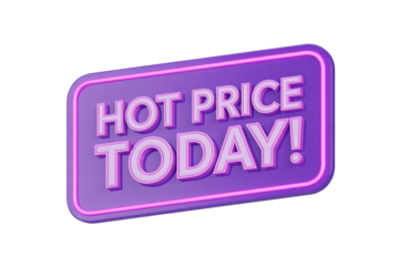 A vibrant 3D purple and pink neon sign reading "HOT PRICE TODAY!", perfect for eye-catching promotions, sales, and special offers. background removed