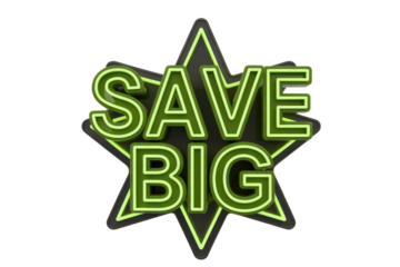A vivid neon green 'SAVE BIG' sign illuminates a dark star shape. This 3D graphic is perfect for sales and promotional offers. background removed
